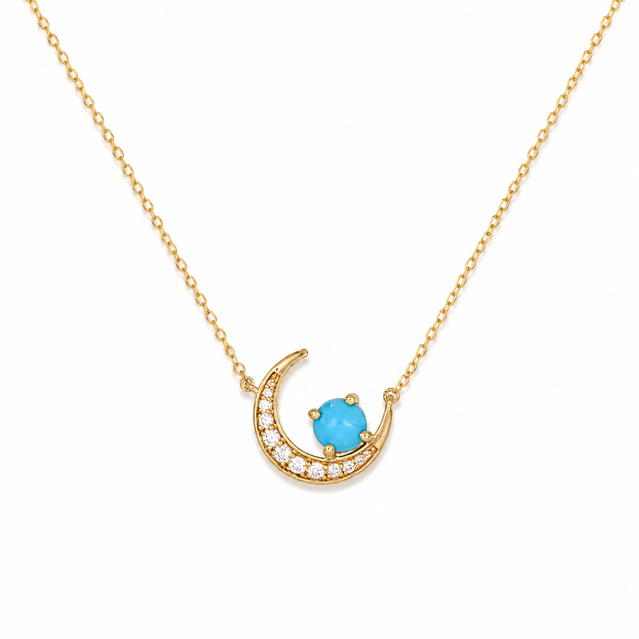 Yellow Gold Plated Sterling Silver Turquoise & Lab Grown Diamond Crescent Moon Pendant Necklace
