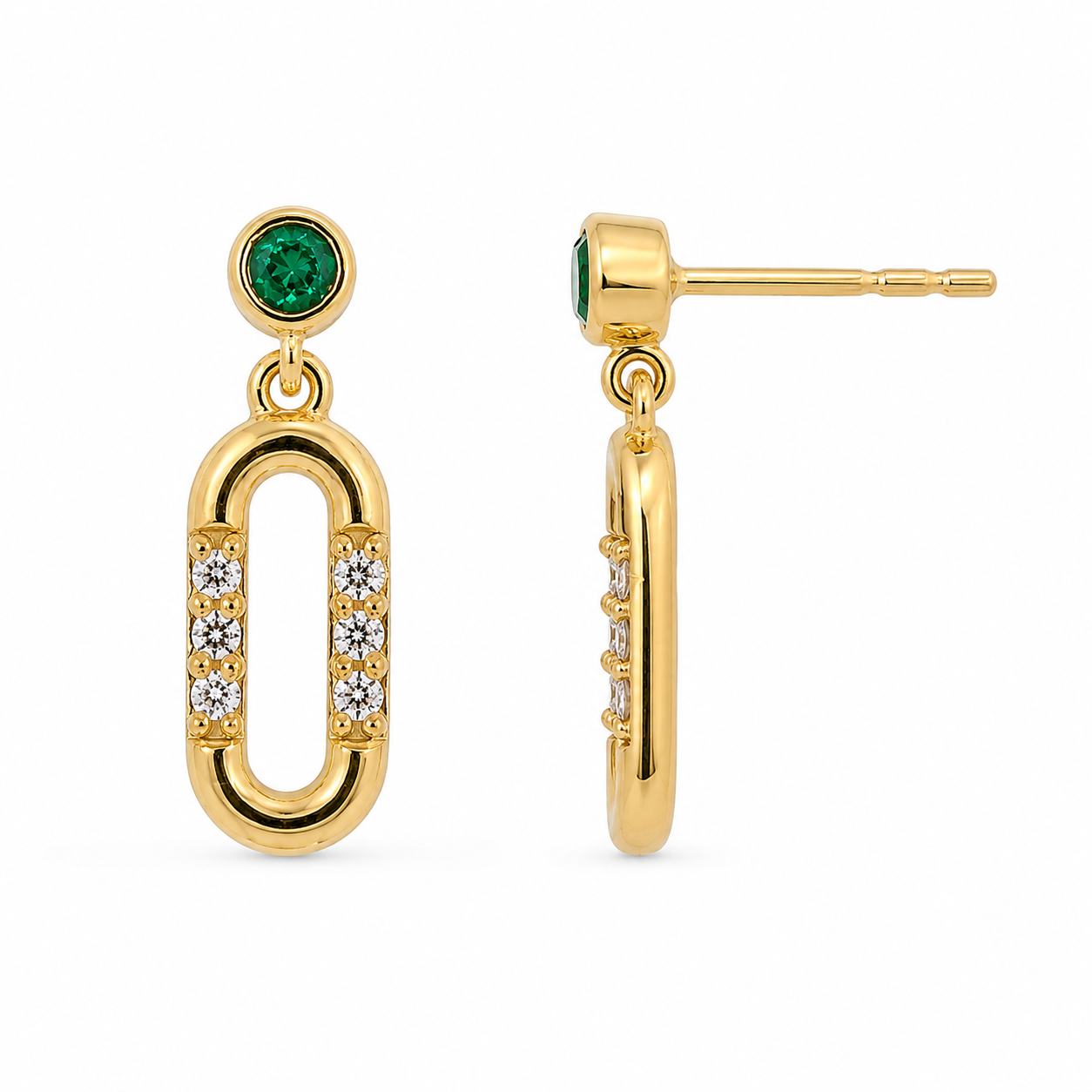 Yellow Gold Plated Sterling Silver Lab-Created Emerald & Lab-Grown Dia Drop Earrings