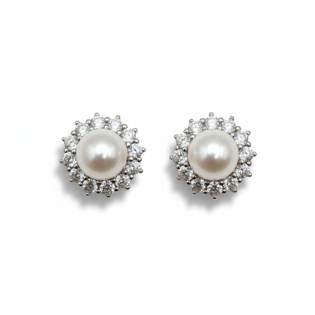 10KT White Gold Cultured Freshwater Pearl and White Topaz Stud Earrings 5–6MM