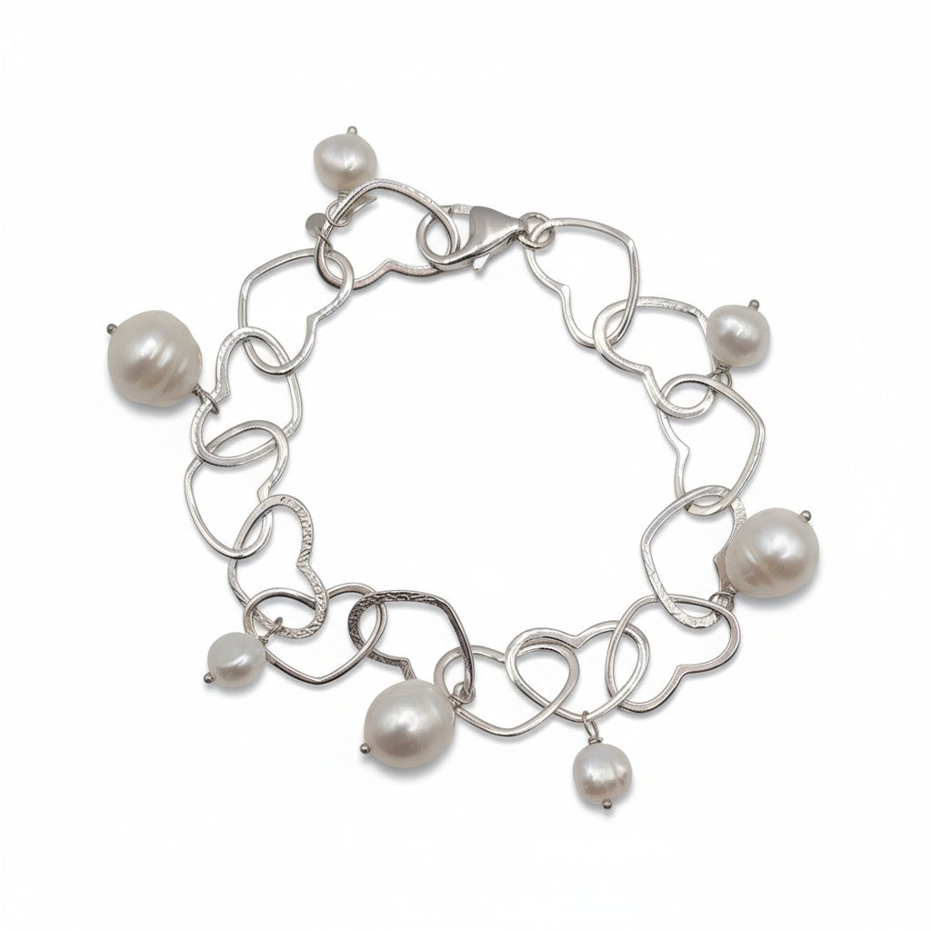 Sterling Silver White Freshwater Pearl Heart Bracelet