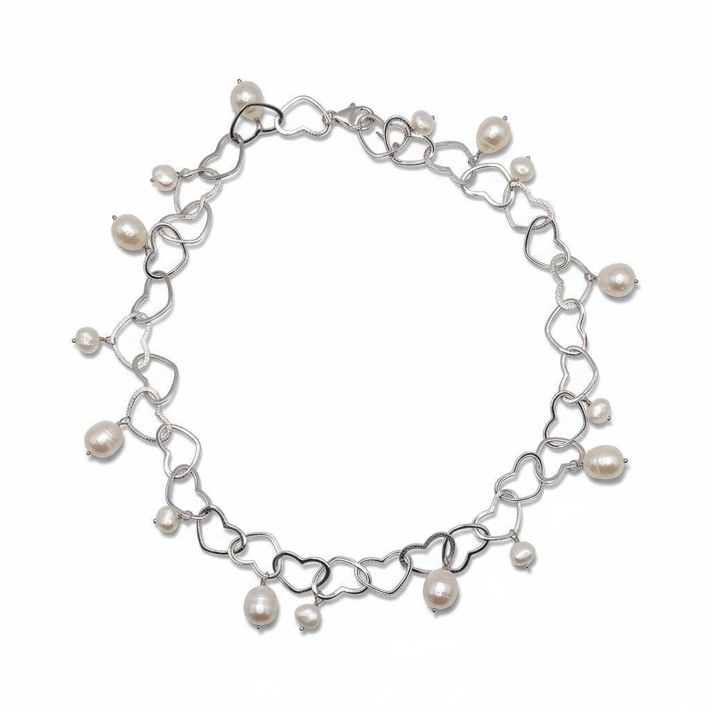 Sterling Silver Cultured Freshwater Pearl Necklace with Open Hearts