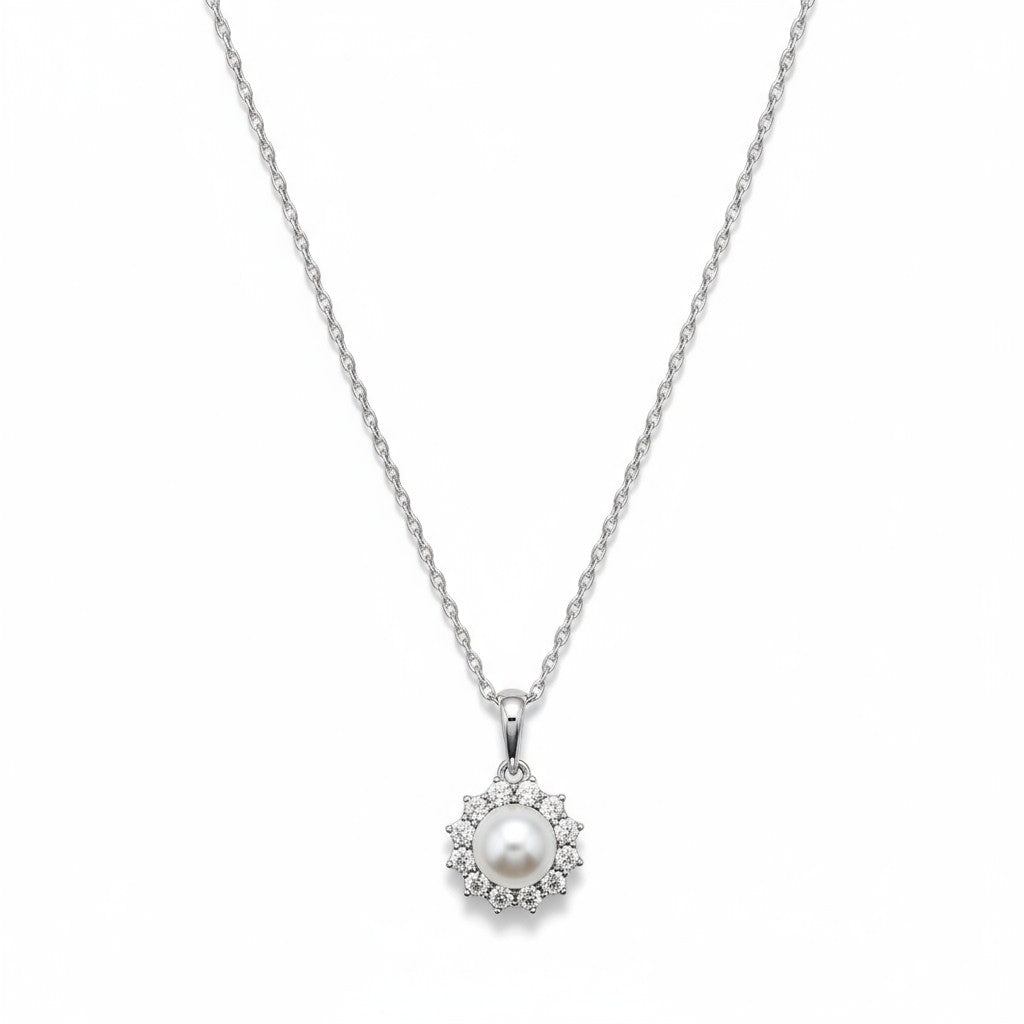 10KT White Gold Cultured Freshwater Pearl and White Topaz Pendant Necklace
