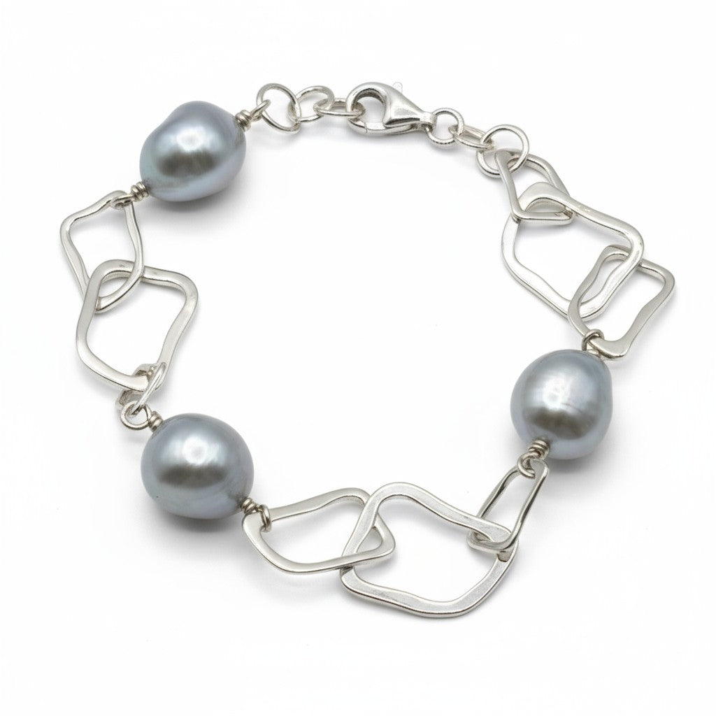 Sterling Silver Cultured Freshwater Pearl 10–11MM Grey Baroque Bracelet