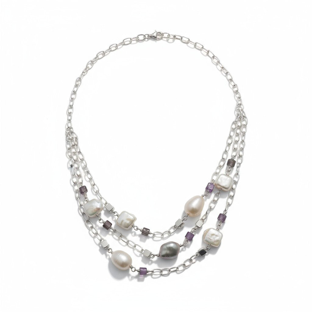 Sterling Silver Cultured Pearl Grey & White Baroque Necklace with Amethyst & Smoky Quartz