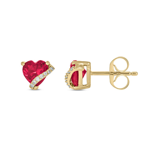Sterling Silver 14KYGP Lab Created Ruby Heart/ Certified  Lab Grown Diamond Accent Studs