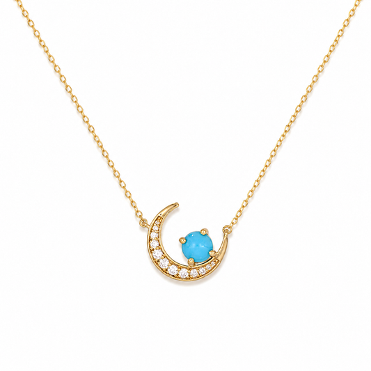 Yellow Gold Plated Sterling Silver Turquoise & Lab Grown Diamond Crescent Moon Pendant Necklace