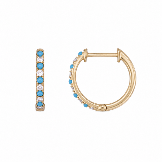 Yellow Gold Plated Sterling Silver Turquoise & LGD Diamond Huggie Earrings