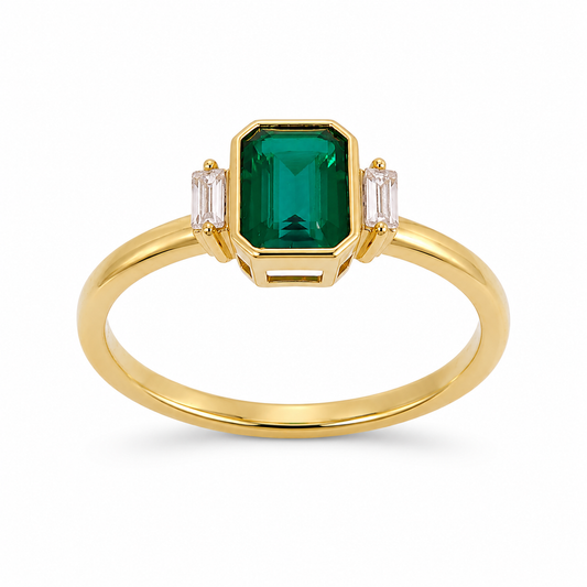Yellow Gold Plated Sterling Silver Lab-Created Emerald & Lab-Grown Diamond Ring