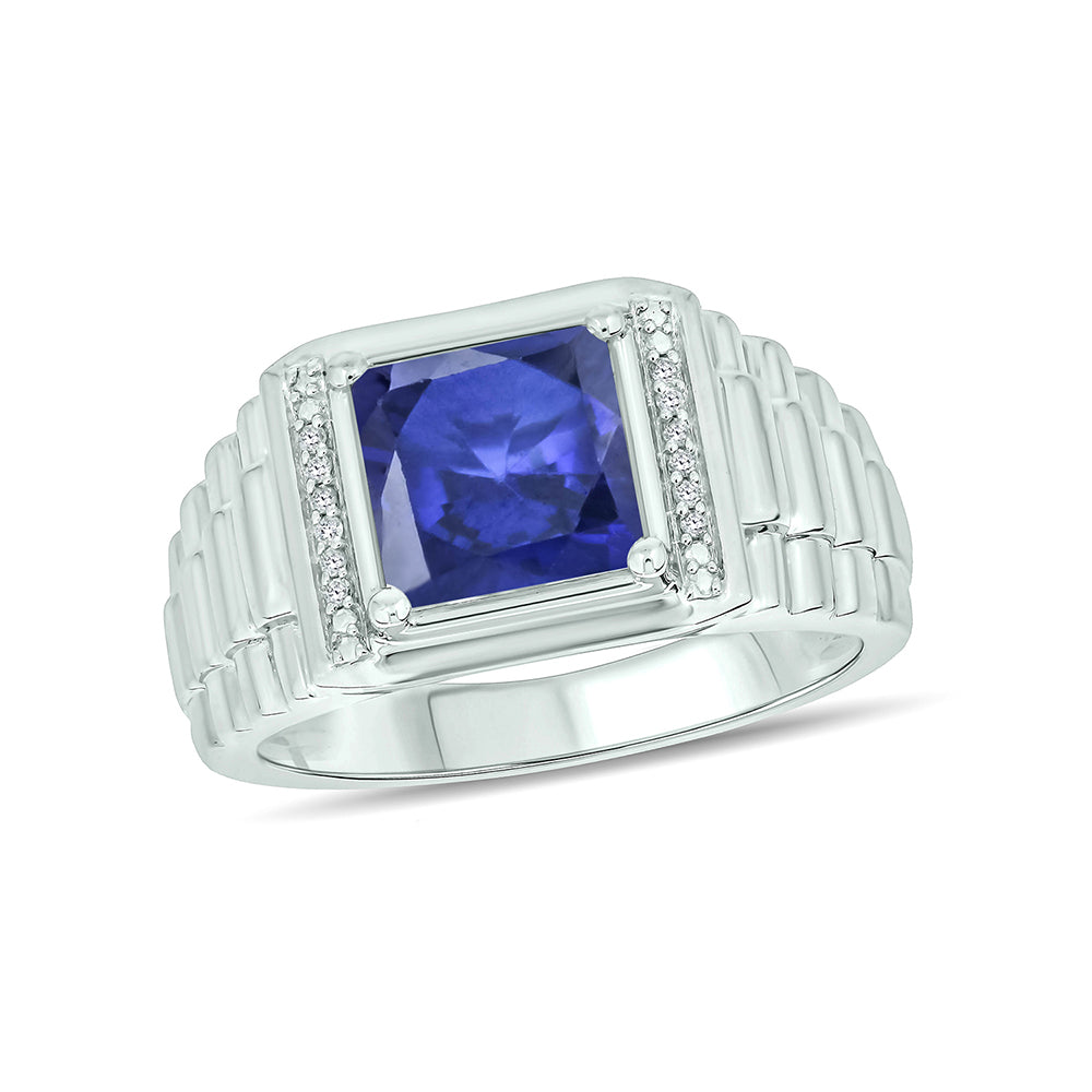 Sterling Silver Blue Lab-Created Sapphire Dia Accent Ring