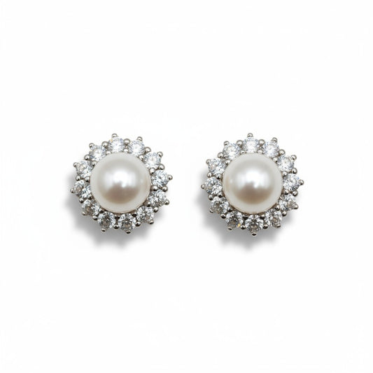 10KT White Gold Cultured Freshwater Pearl and White Topaz Stud Earrings 5–6MM