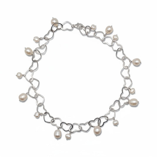 Sterling Silver Cultured Freshwater Pearl Necklace with Open Hearts