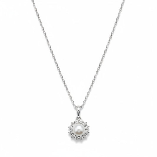 10KT White Gold Cultured Freshwater Pearl and White Topaz Pendant Necklace