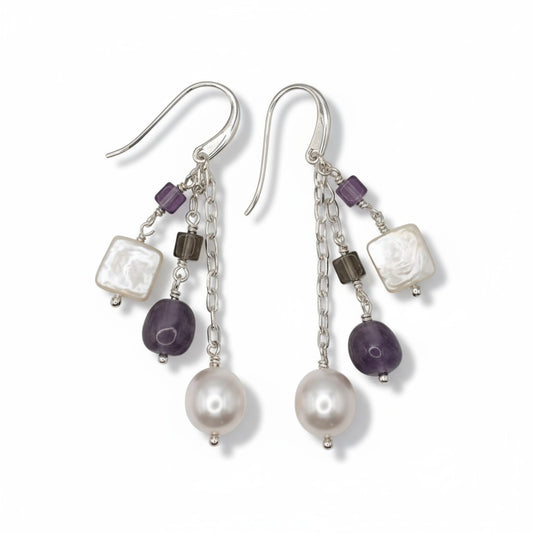 Sterling Silver Cultured Pearl Grey & White Baroque Earrings with Amethyst & Smoky Quartz