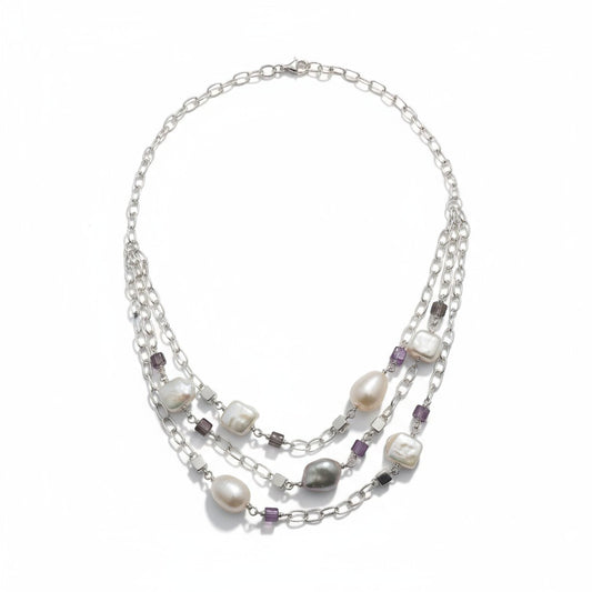 Sterling Silver Cultured Pearl Grey & White Baroque Necklace with Amethyst & Smoky Quartz
