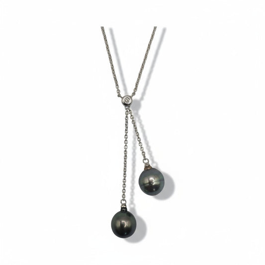 10K White Gold Cultured Tahitian Pearl 8.5-9MM & Diamond Accent Necklace