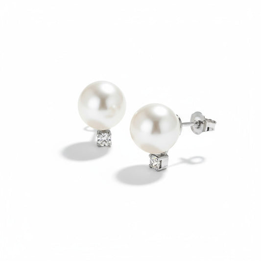 14KT White Gold Akoya Cultured Pearl and Diamond Stud Earrings 5.5–6MM