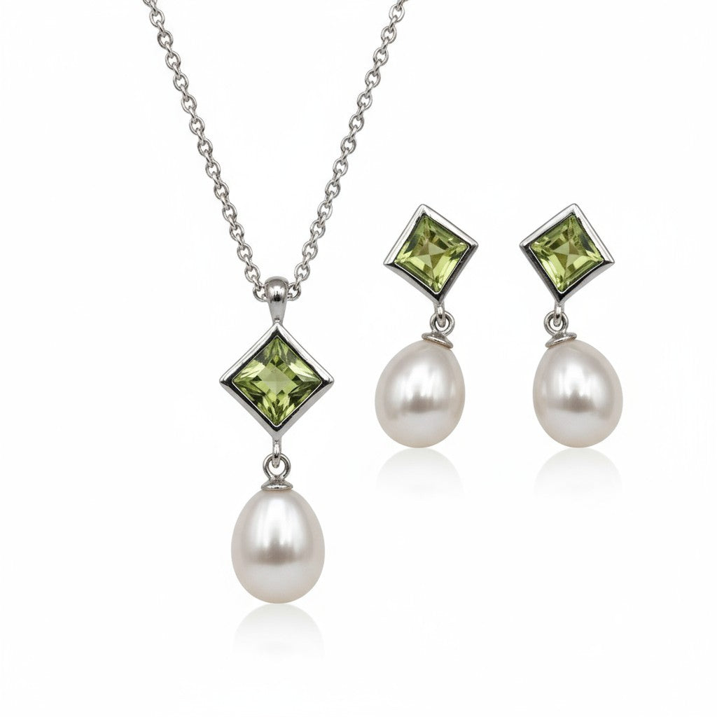Sterling Silver Cultured Freshwater Pearl & Peridot Drop Ear/Pendant Set