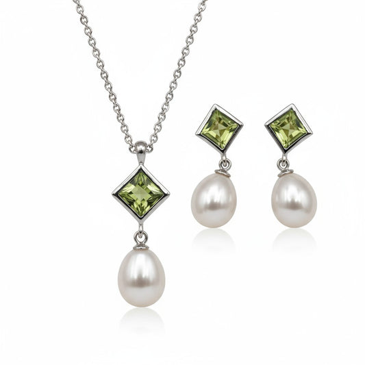 Sterling Silver Cultured Freshwater Pearl & Peridot Drop Ear/Pendant Set
